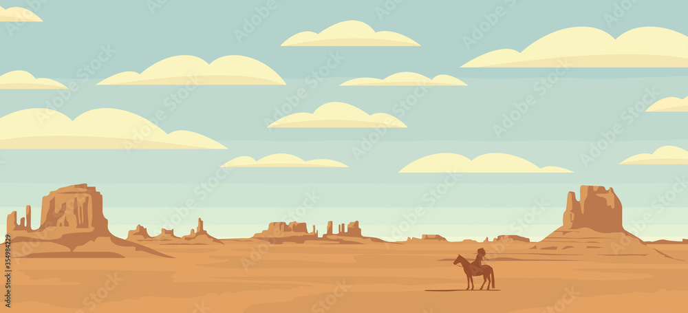 Decorative illustration with wild West prairies and the silhouette of an Indian chief on a horse. Vector landscape with a lone rider in the desert on the background of sky with clouds. - obrazy, fototapety, plakaty 