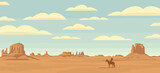 Fototapeta Pokój dzieciecy - Decorative illustration with wild West prairies and the silhouette of an Indian chief on a horse. Vector landscape with a lone rider in the desert on the background of sky with clouds.