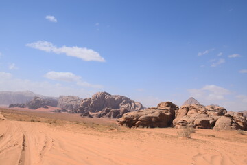 The endless expanses of the desert landscape of Wadi Rum, Jordan