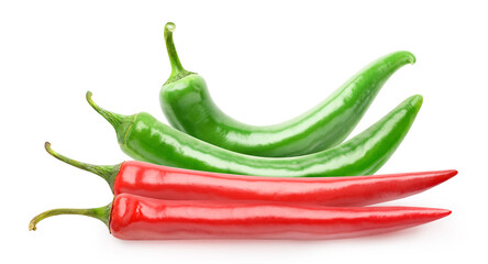 Poster - Pile of red and green hot chili peppers isolated on white background