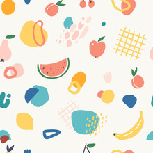Seamless Pattern With Fruits And Abstract Shapes In Modern Contemporary Collage Style.