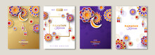 Ramadan Kareem Posters Set, Flyer Or Invitation Design. Vector Illustration. Place For Your Text Message. 3d Paper Cut Islamic Lanterns, Stars And Moon On Gold And Violet Background.
