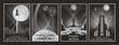 © koyash07 - Retro Future Fantastic Movie Poster Set, Space Rockets, Moon, Art Deco Style Buildings, Cityscape Silhouettes, Monochrome Color Combinations