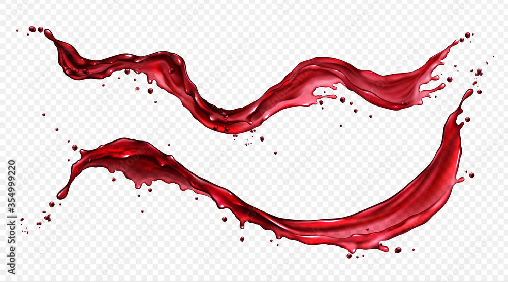 Horizontal splash of wine or red juice isolated on transparent background. Vector realistic set of liquid waves of flowing clear fruit drink, strawberry, grape or cherry juice - obrazy, fototapety, plakaty 