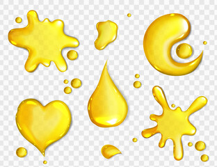 Wall Mural - spills of yellow juice or oil isolated on transparent background. vector realistic set of liquid pud