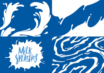 Poster - Vector Illustration of Milk Splashes in Cartoon Style. Milky Waves on Blue background. Template Milk Package Design