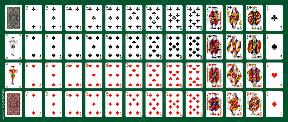 Poker set with isolated cards on green background. Poker playing cards, full deck. - obrazy, fototapety, plakaty 