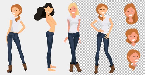 Illustration of American Girls Wearing White Shirt. Group of young women standing in white t-shirts isolated