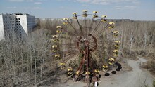 The Abandoned Ferris Wheel In The Amusement Park In Pripyat. Aerial Photography. Chernobyl Exclusion Zone