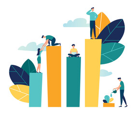 Vector creative illustration of business graphics, the company is engaged in the joint construction of column graphs, the rise of the career to success, flat color icons, business analysis 