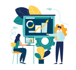 Wall Mural - vector illustration a group of people characters are thinking over an idea. prepare a business project start up. rise of the career to success, flat color icons, business analysis 