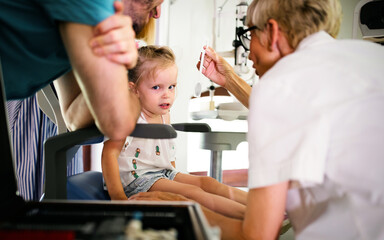 Wall Mural - Ophthalmologist, optometrist checking child vision looking for problems and caring for eye