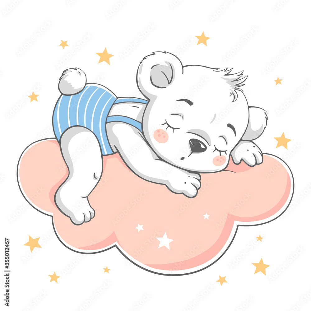 Vector illustration of a cute baby bear, sleeping on the cloud among the stars. - obrazy, fototapety, plakaty 