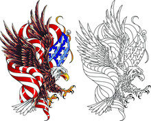 Stylized Drawing American Eagle With Usa Flag. Vector Illustration In The Style Of Military Tattoos.
