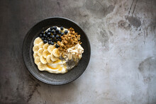 Yogurt With Banana, Blueberries, Almonds And Chia Seeds