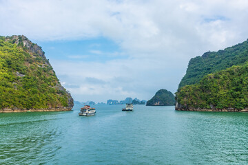 HA LONG BAY, VIETNAM, JANUARY 6 2020: Ship in the bay