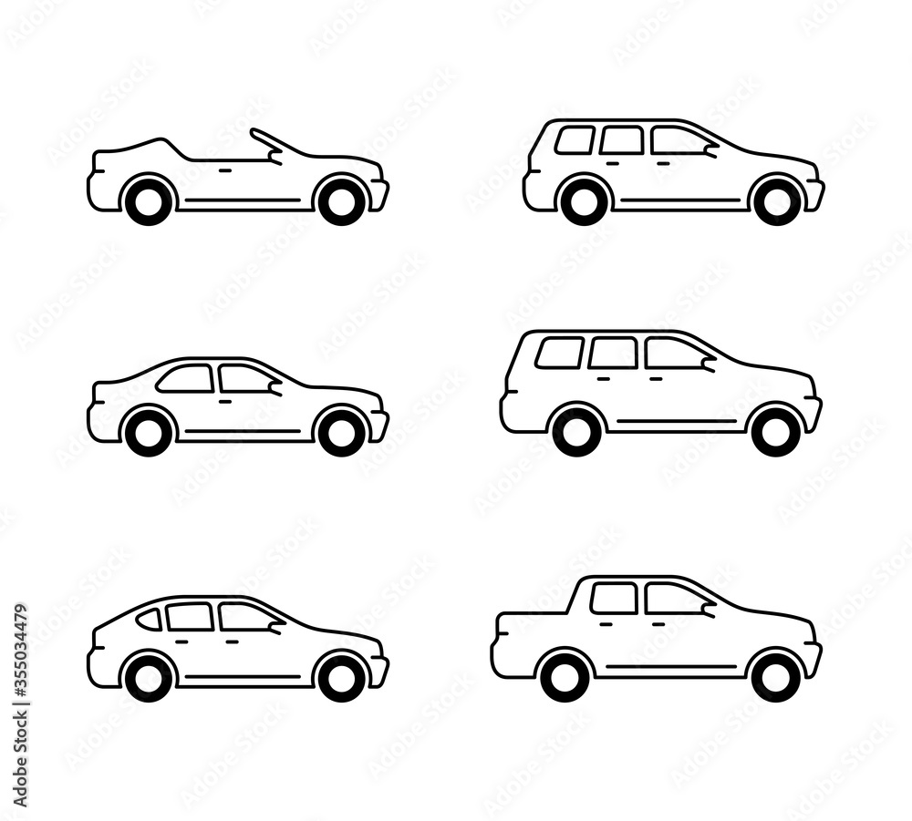 Vector cars set - outline monochrome automobiles with different car body - sedan, offroad, roadster, pickup, universal, hatchback - icons collection - obrazy, fototapety, plakaty 