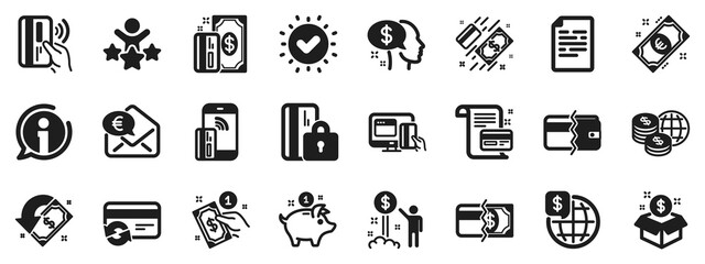 Wall Mural - Update credit card, Contactless payment and Piggy bank icons. Money wallet icons. Online payment, Dollar exchange and Fast money send. Private pay, Blocked credit card and Wallet. Vector