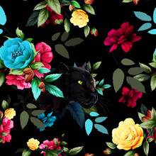 Seamless Pattern Of Black Panther With Flowers And Leaf Around. Abstract Artwork For Textile, Fabric And Other Using. Hand Drawn Illustration. Vector - Stock.