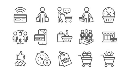Wall Mural - Buyer customer line icons set. Shopping cart , contactless payment and group of people. Store, buyer loyalty card, client ranking set icons. Shopping timer, phone payment, currency. Linear set. Vector