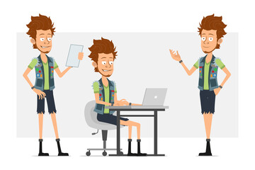 Wall Mural - Cartoon flat funny bearded hipster man character in jeans shorts and jerkin. Ready for animation. Boy posing, working on laptop and reading paper note. Isolated on gray background. Vector icon set.