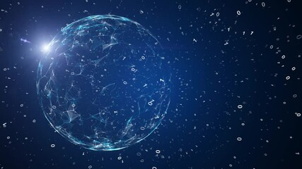 Wall Mural - futuristic network globe with lines, dots, binary numbers and sunlight motion, view from space.