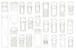 © studioworkstock - Cars and trucks outline. Various automobiles and trucks motor wheel vehicles line contour drawing set. Top view of trucks and cars collection. Automotive transportation and auto industry concept