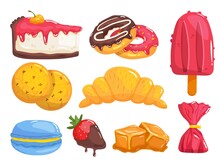 Sweets And Pastry. Tasty Breakfast Food Desserts Set. Cake, Donut, Ice-cream, Biscuits, Croissant Pastry, Macaroon, Strawberry In Chocolate, Caramel Candies, Sweet Fresh Snacks Collection