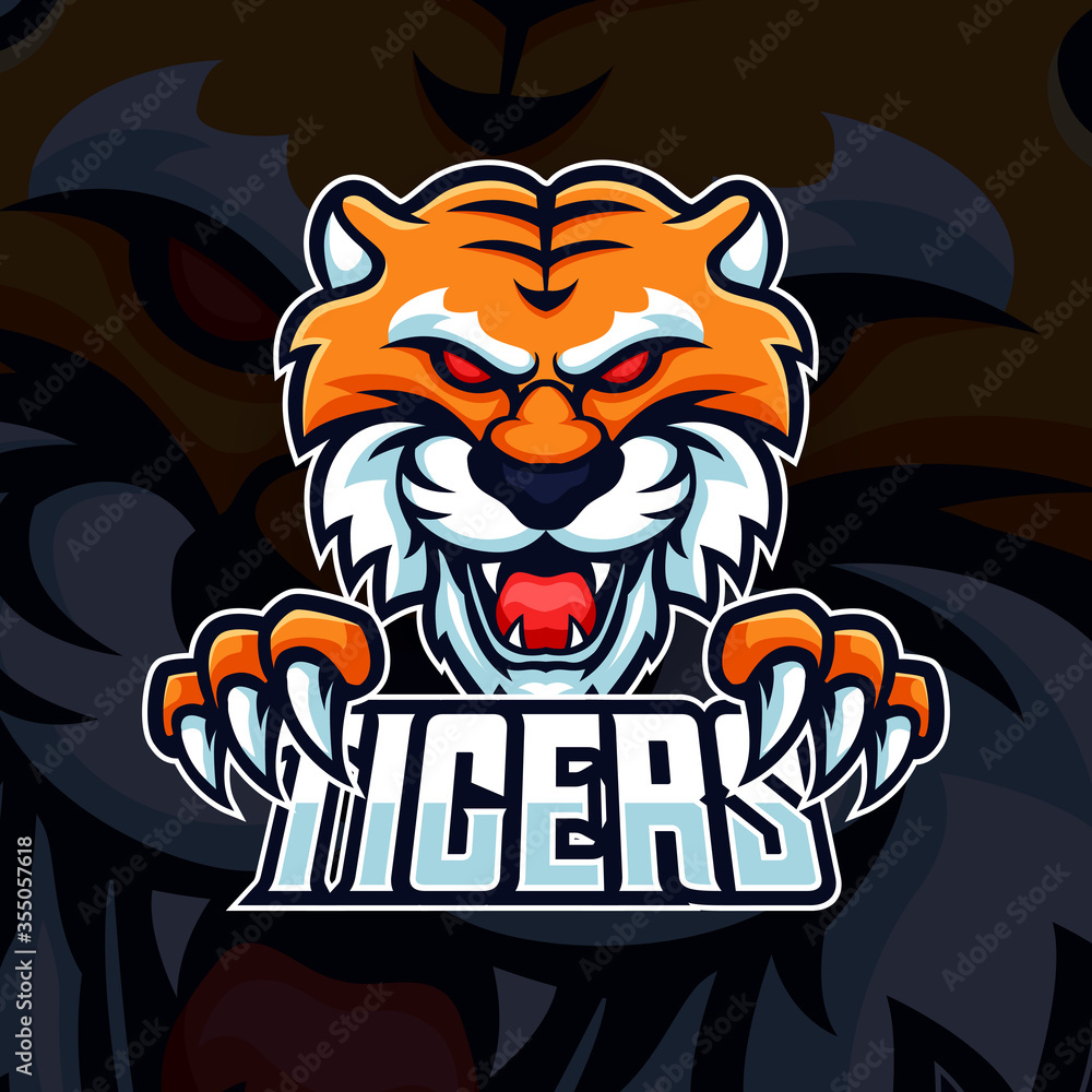 Beast Tiger head with paws and team text mascot logo vector. Modern Illustration esport gaming template design with club name typography - obrazy, fototapety, plakaty 