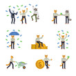 © paper_owl - Set of cat characters in grey shirt posing with money. Cheerful cat standing with umbrella under money rain and showing other actions. Flat design vector illustration