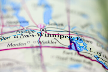 shallow depth of field focus on geographical map location of winnipeg city canada america continent 