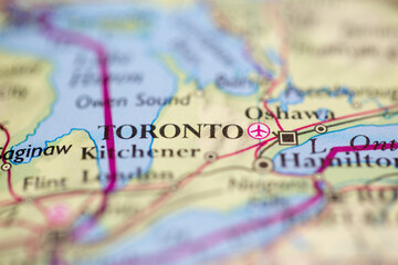 shallow depth of field focus on geographical map location of toronto city canada america continent o