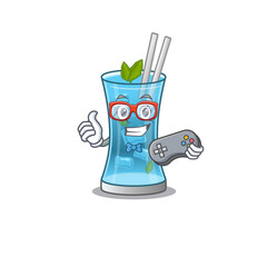 Sticker - Mascot design style of blue hawai cocktail gamer playing with controller