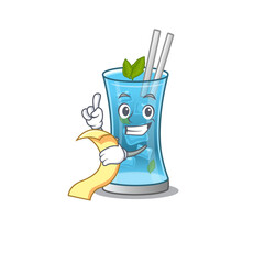 Canvas Print - Blue hawai cocktail mascot character style with a menu on his hand