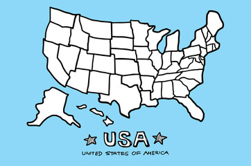 The United States of America, USA map illustration doodle sketch drawing, vector