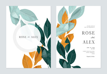 Wall Mural - Foliage wedding invitation card template design, leaves in blue, green and orange tones