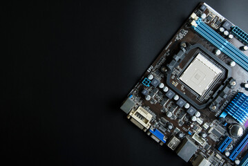 personal computer motherboard close up on black background with copy space for your text.technology 
