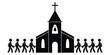 People Going to Entering Church. Black and white pictogram depicting people attending church service mass holding Holy Bible. Vector File