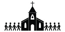 People Going To Entering Church. Black And White Pictogram Depicting People Attending Church Service Mass Holding Holy Bible. Vector File