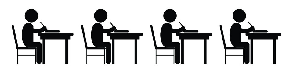 multiple student studying classroom. black and white pictogram depicting many students study writing