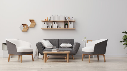 Wall Mural - Interior poster mock up living room with blue armchair have cabinet and wood shelves on wood flooring and white wall ,3d rendering