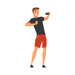 Sticker - Smiling Man Wearing Black Tshirt and Shorts Taking Selfie Photo, Male Character Photographing Himself with Smartphone Cartoon Vector Illustration