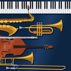 Musical instruments on midnight blue background. Used for jazz performances. Piano, tenor saxophone, trumpet, flute, contrabass, and trombone. Vector illustration in flat cartoon style.