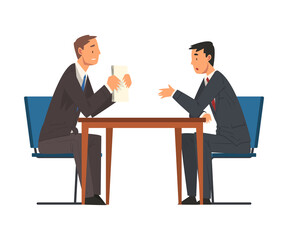 Sticker - Business Negotiations, Businessmen Meeting, Exchanging Information, Solving Problems, Productive Partnership Cartoon Vector Illustration