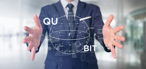Wall Mural - businessman holding quantum computing concept with qubit icon 3d rendering