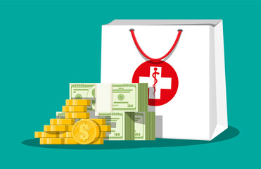 Medicine bag and money in dollar banknotes, gold coins. Healthcare costs and expenses, spendings on drugs. Medical insurance. Pharmacy and health care. Vector illustration in flat style