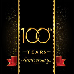 100th anniversary logo with confetti golden colored and red ribbon isolated on black background, vector design for greeting card and invitation card.