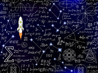 Wall Mural - Scientific vector seamless background with handwritten mathematical and physical formulas, rocket, plots and figures