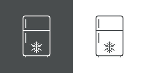 Sticker - Icono plano lineal refrigerador con copo de nieve en la puerta en fondo gris y fondo blanco