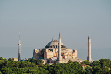 View of Hagia Sophia. Historic Temple in the center of Istanbul at sunset.